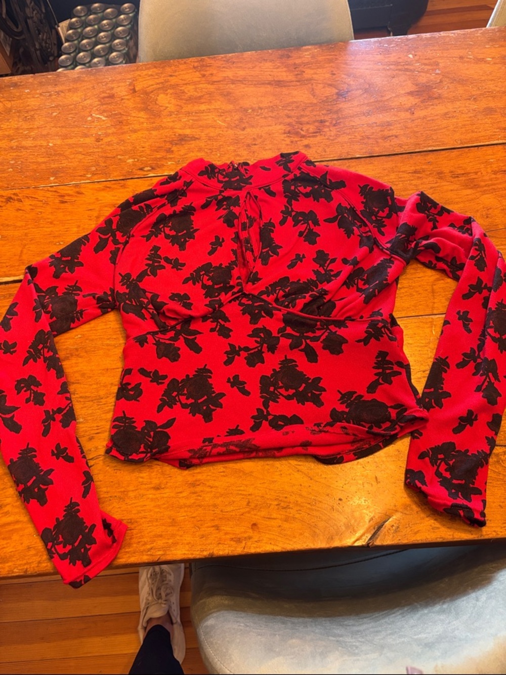 Free People Red Long Sleeve Floral Print Top